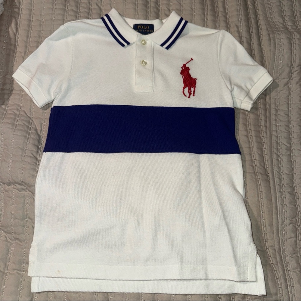 Polo Ralph Lauren Kids White Polo with Blue Stripe and Red‎ Logo Size 6